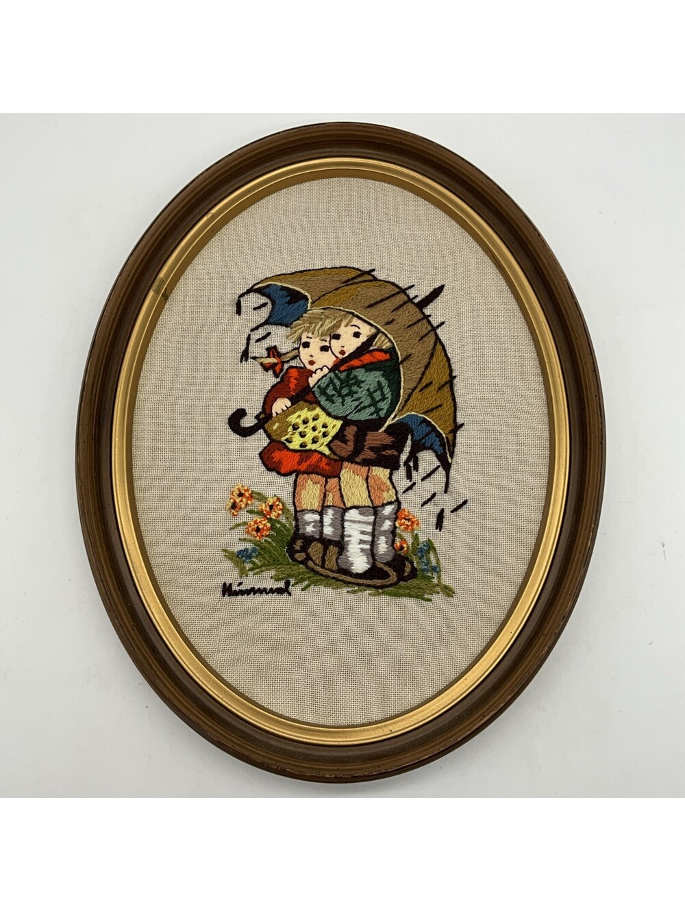 Vintage Hummel Crewel Embroidery Framed Oval Art Boy Girl Under Umbrella 10 x 13